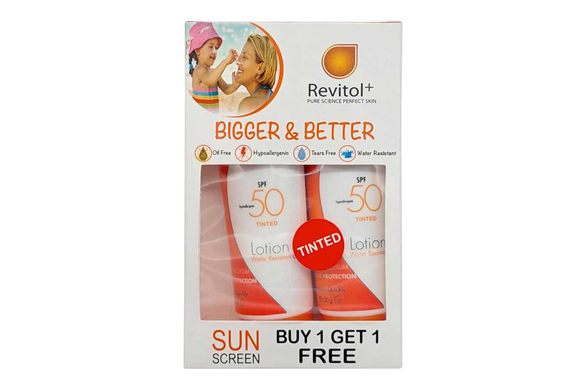 BOX BUY1GET1 REVITOL SUN SCREEN TINTED SPF50 LOTION - Life Care Apotek