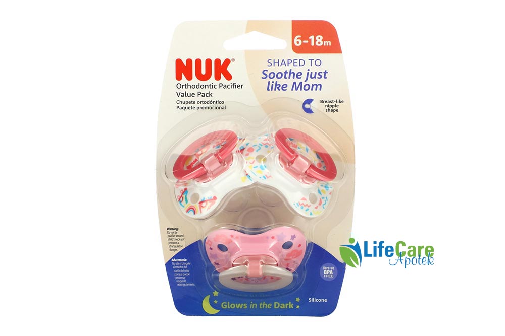 NUK ORTHODONTIC PACIFIER VALUE PACK PINK 6 TO 18 MONTH 3 PCS - Life Care Apotek
