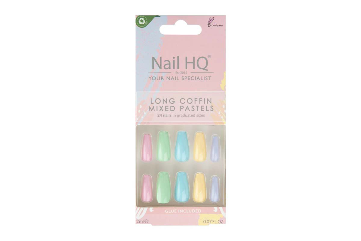 NAIL HQ LONG COFFIN MIXED PASTELS 24 NAILS PLUS 2ML GLUE - Life Care Apotek