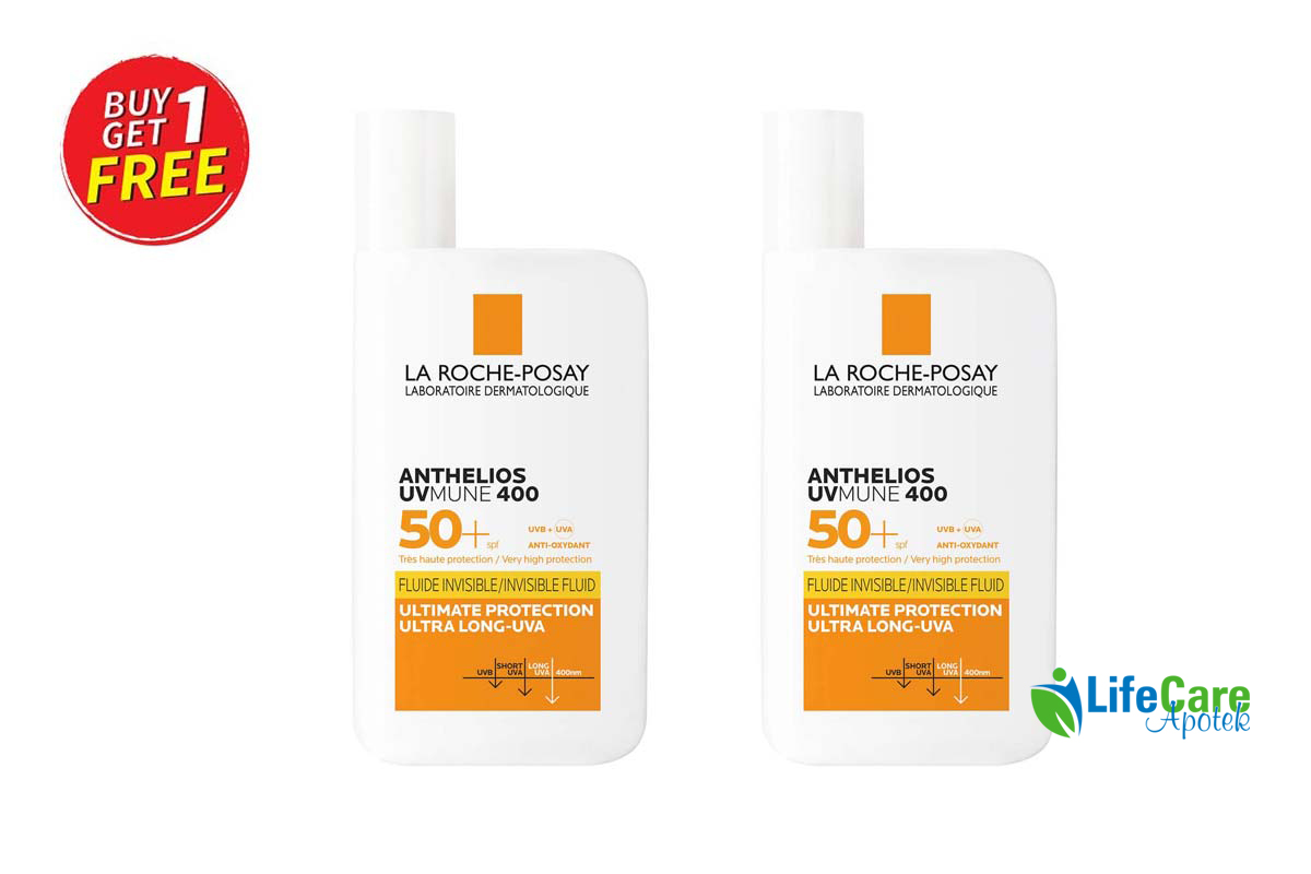 BOX BUY1GET1 LA ROCHE POSAY ANTHELIOS UV MUNE 400 SPF50 PLUS FLUIDE INVISIBLE ALL SKIN TYPES 50 ML - Life Care Apotek