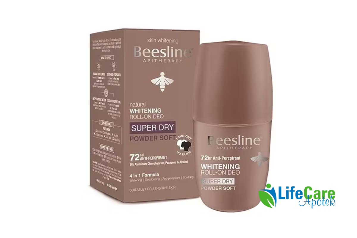 BEESLINE NATURAL WHITENING ROLL ON DEO SUPER DRY POWDER SOFT 72HR 50 ML - Life Care Apotek