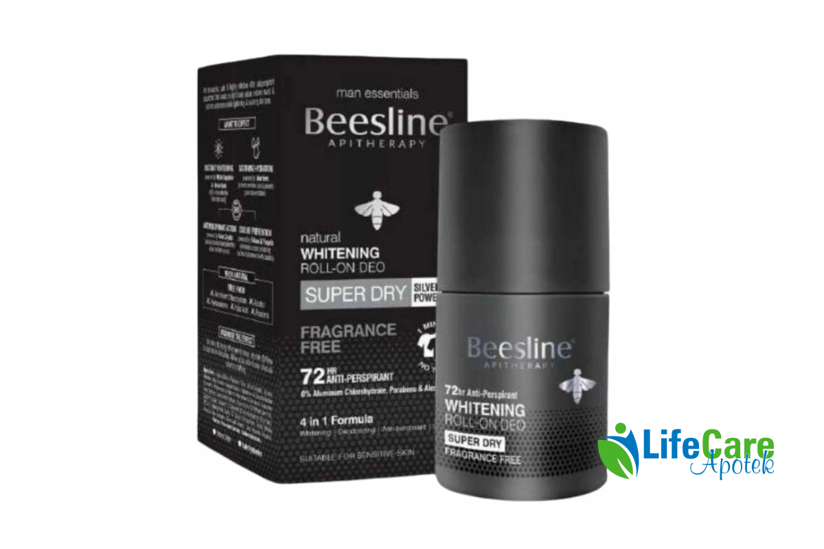 BEESLINE NATURAL WHITENING ROLL ON DEO SUPER DRY SILVER POWER FRAGRANCE FREE 72HR 50 ML - Life Care Apotek