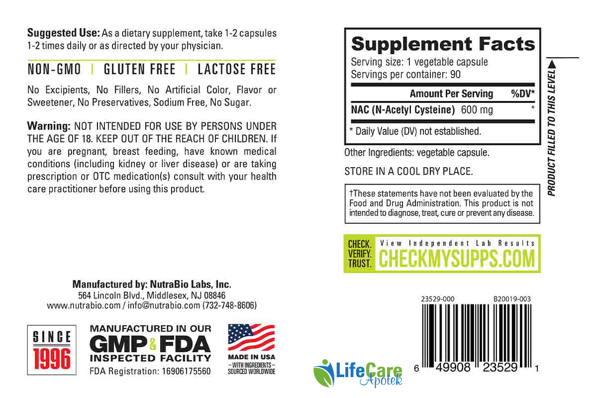 NUTRABIO NAC N ACETYL CYSTEINE 600MG 90 VEGGIE CAPSULES - Life Care Apotek