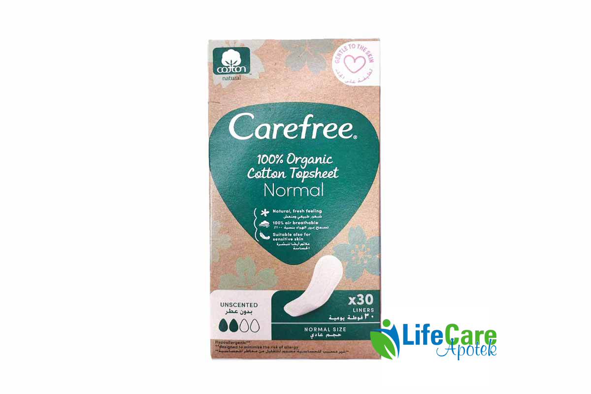 CAREFREE 100% ORGANIC COTTON TOPSHEET NORNAL 30PCS - Life Care Apotek
