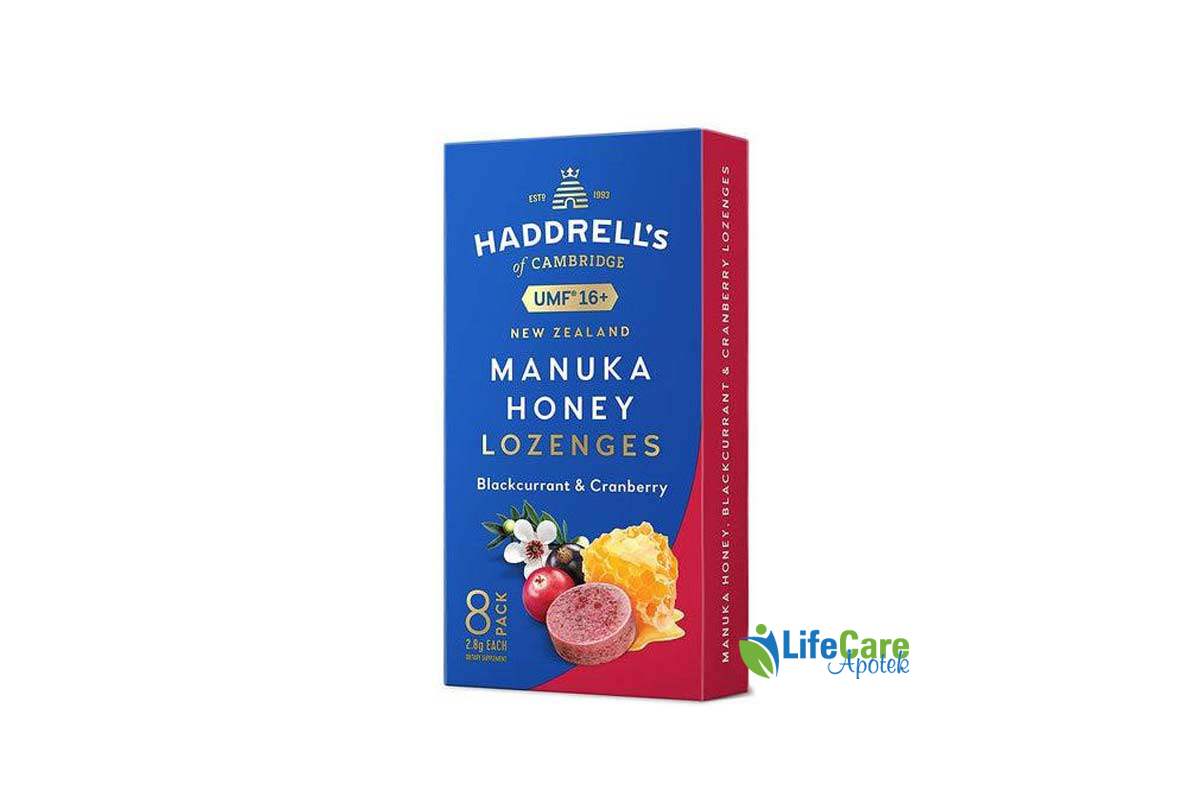 HADDRELLS MANUKA HONEY UMF16 PLUS  BLACKCURRANT AND CRANBERRY 8 LOZENGS - Life Care Apotek