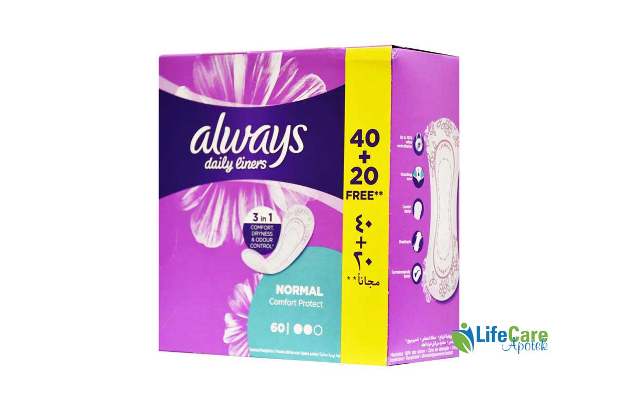 ALWAYS DAILY LINERS COMFORT PROTECT NORMAL 40 PLUS 20 PADS - Life Care Apotek