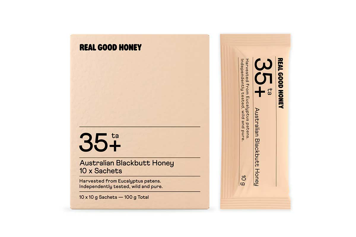 REAL GOOD HONEY 35 PLUS AUSTRALIAN BLACKBUTT HONEY 10X10 SACHETS 100GM - Life Care Apotek