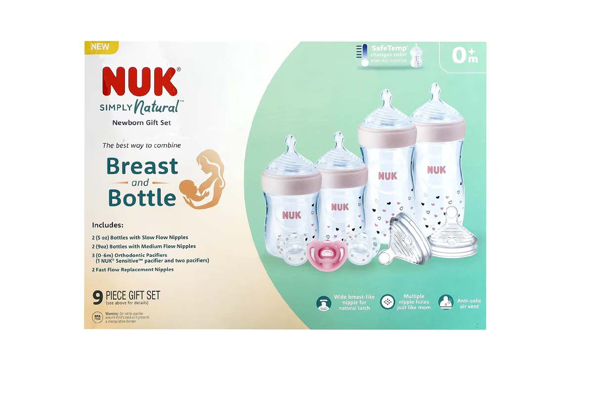 NUK SIMPLY NATURAL BREAST AND BOTTLE NEWBRON 0 MONTH PLUS GIFT SET PINK 9 PCS - Life Care Apotek