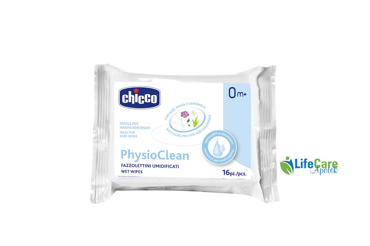CHICCO PHYSIO CLEAN WET WIPES 0 MONTHS PLUS 16 PCS - Life Care Apotek
