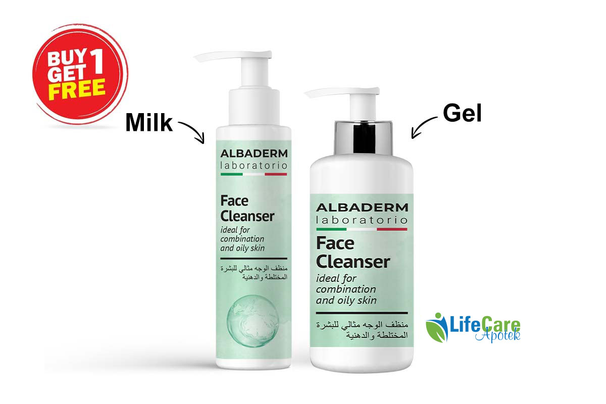 BOX BUY1GET1 ALBADERM FACE CLEANSER GEL AND MILKY FOR COMBINATION AND OILY SKIN 150 ML - Life Care Apotek