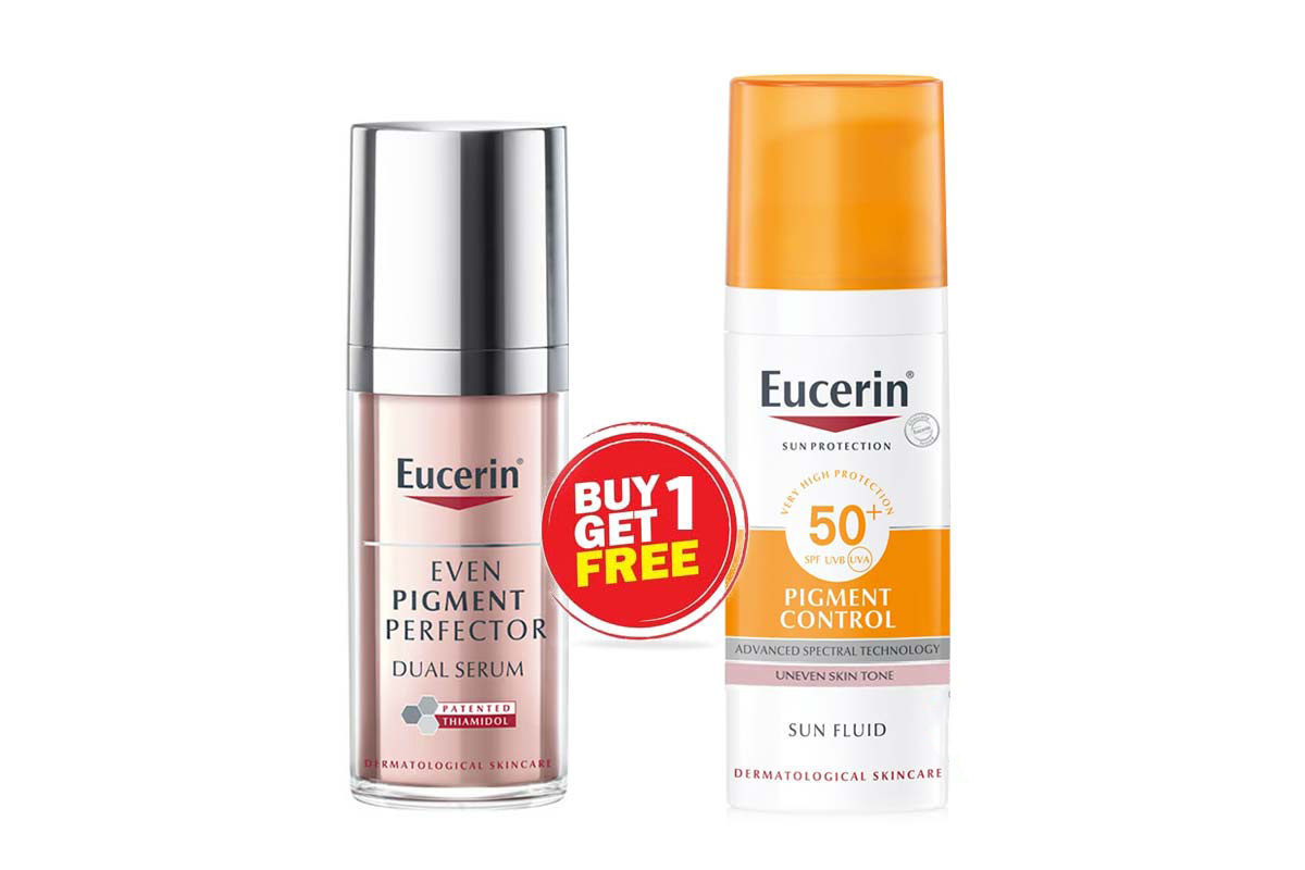 BOX BUY1GET1 EUCERIN PIGMENT PERFECTOR DUAL SERUM 30 ML PLUS PIGMENT CONTROL SUN FLUID SPF50 PLUS 50 ML - Life Care Apotek