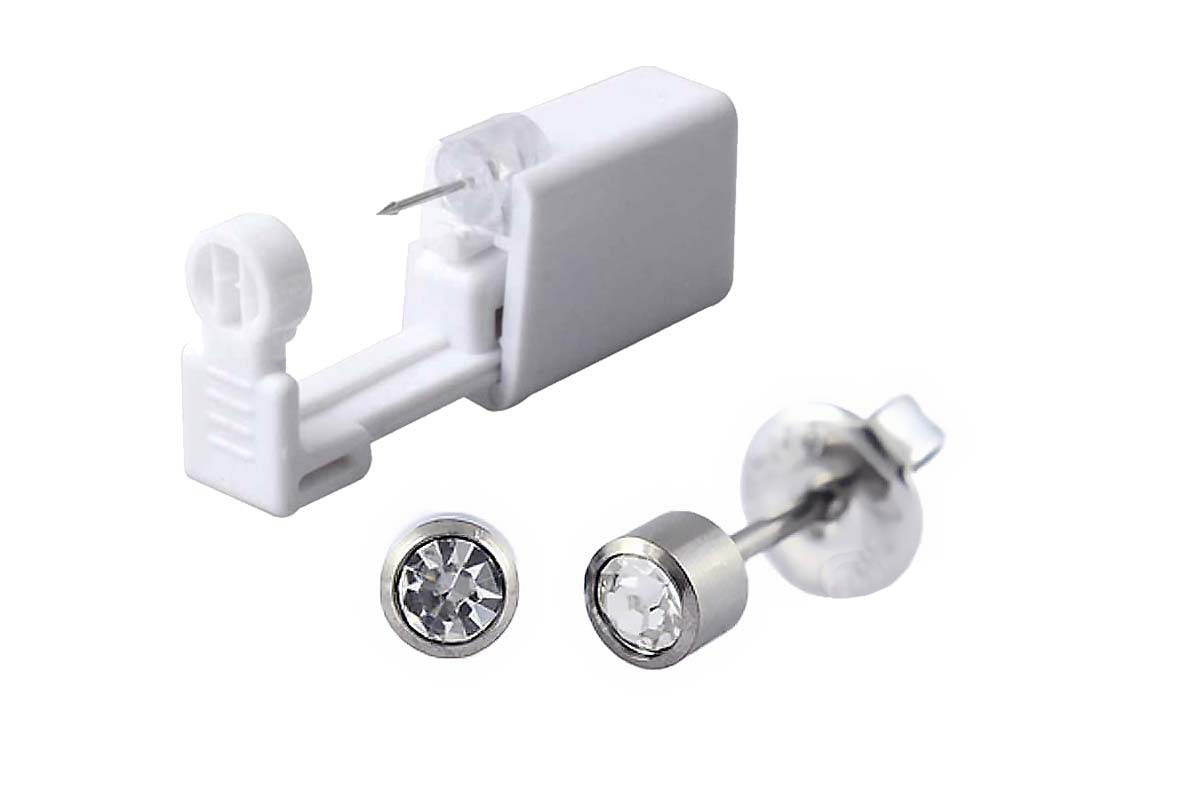 PRIMED EAR PIERCING 71-304 TI 4MM HEAD 3MM CRYSTAL APRIL CLEAR WITH GUN - Life Care Apotek