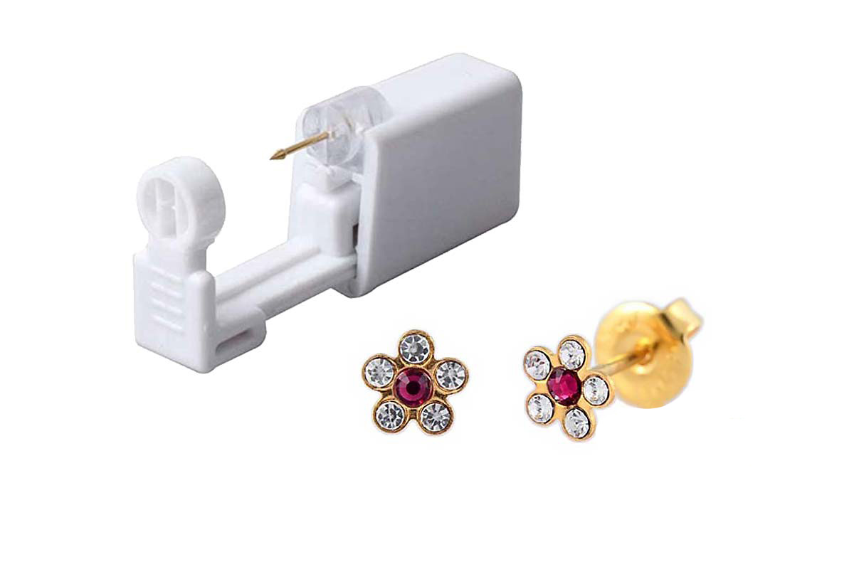 PRIMED EAR PIERCING 52-666 G/P 6 MM DAISY RUBY+CRYSTAL CLEAR WITH GUN - Life Care Apotek