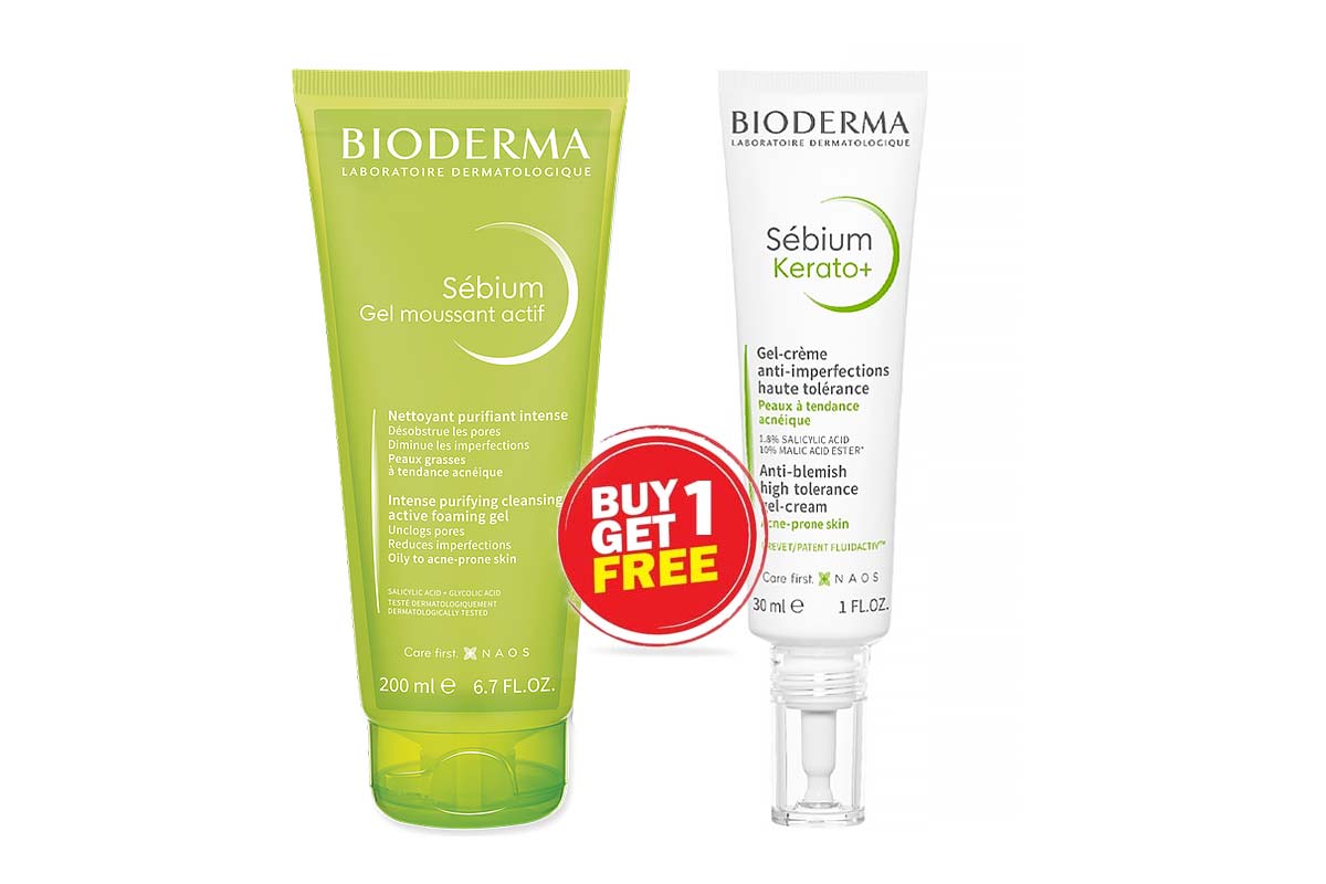 BOX BUY1GET1 BIODERMA SEBIUM GEL MOUSSANT ACTIF 200 ML PLUS SEBIUM KERATO+ GEL CREAM 30ML - Life Care Apotek