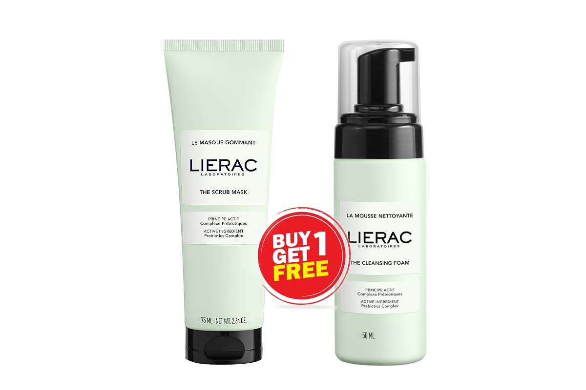 BOX BUY1GET1 LIERAC THE SCRUB MASK 75 ML PLUS CLEANSING FOAM 50 ML - Life Care Apotek