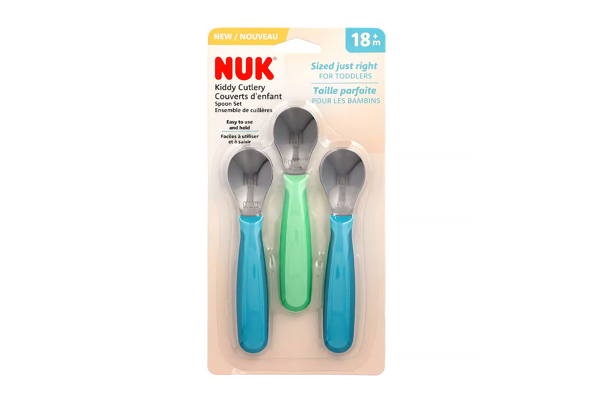 NUK KIDDY CUTLERY SPOON SET PLUS 18 MONTHS GREEN AND BLUE 3 PIECES - Life Care Apotek