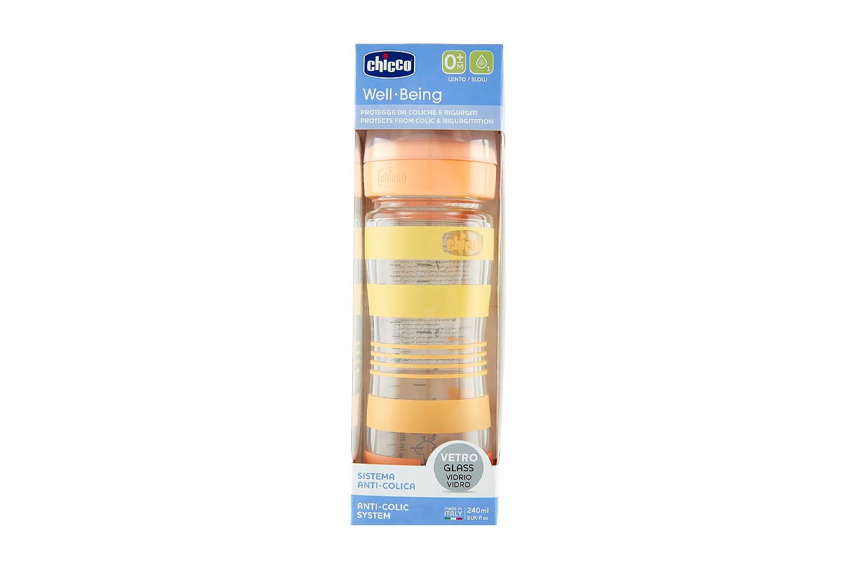 CHICCO WELL BEING GLASS FEEDING BOTTLE COLOR ORANGE AND YELLOW 0 MONTHS PLUS 240 ML - Life Care Apotek