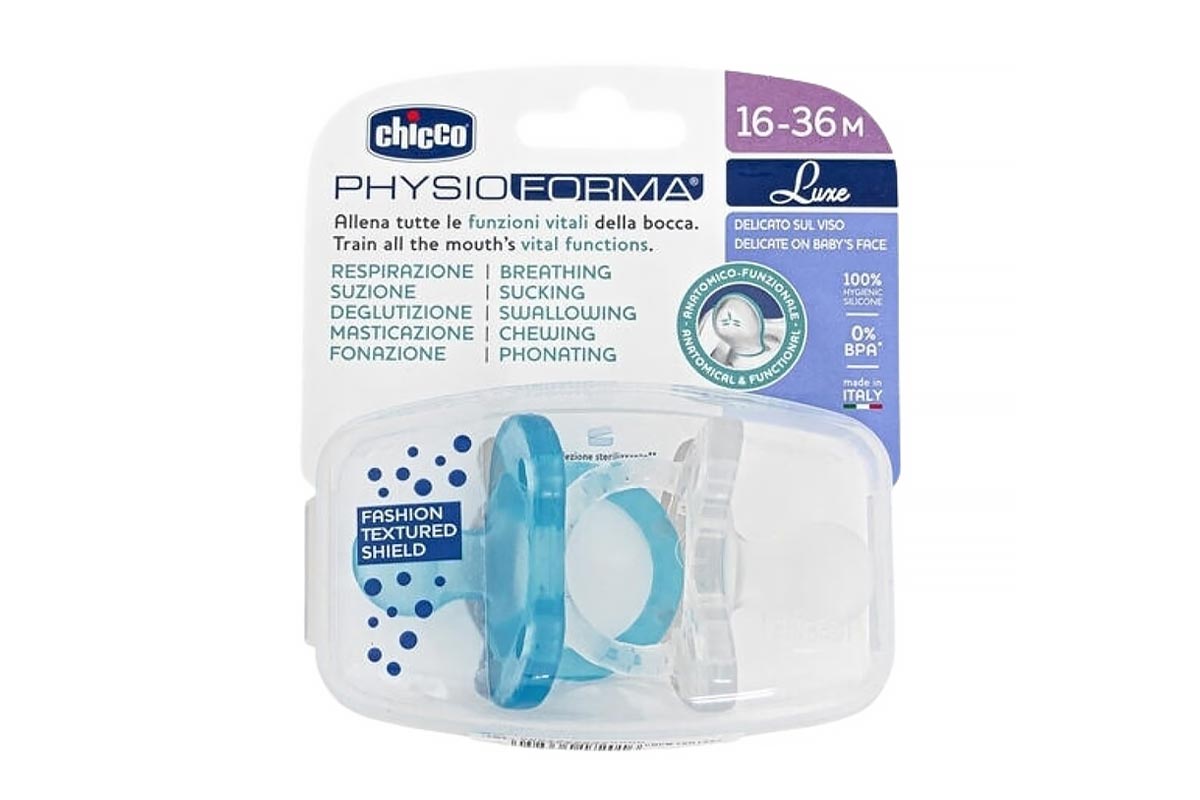 CHICCO PACIFIER PHYSIOFORMA LUXE FROM 16 TO 36 MONTHS COLOR BLUE AND WHITE 2 PCS - Life Care Apotek