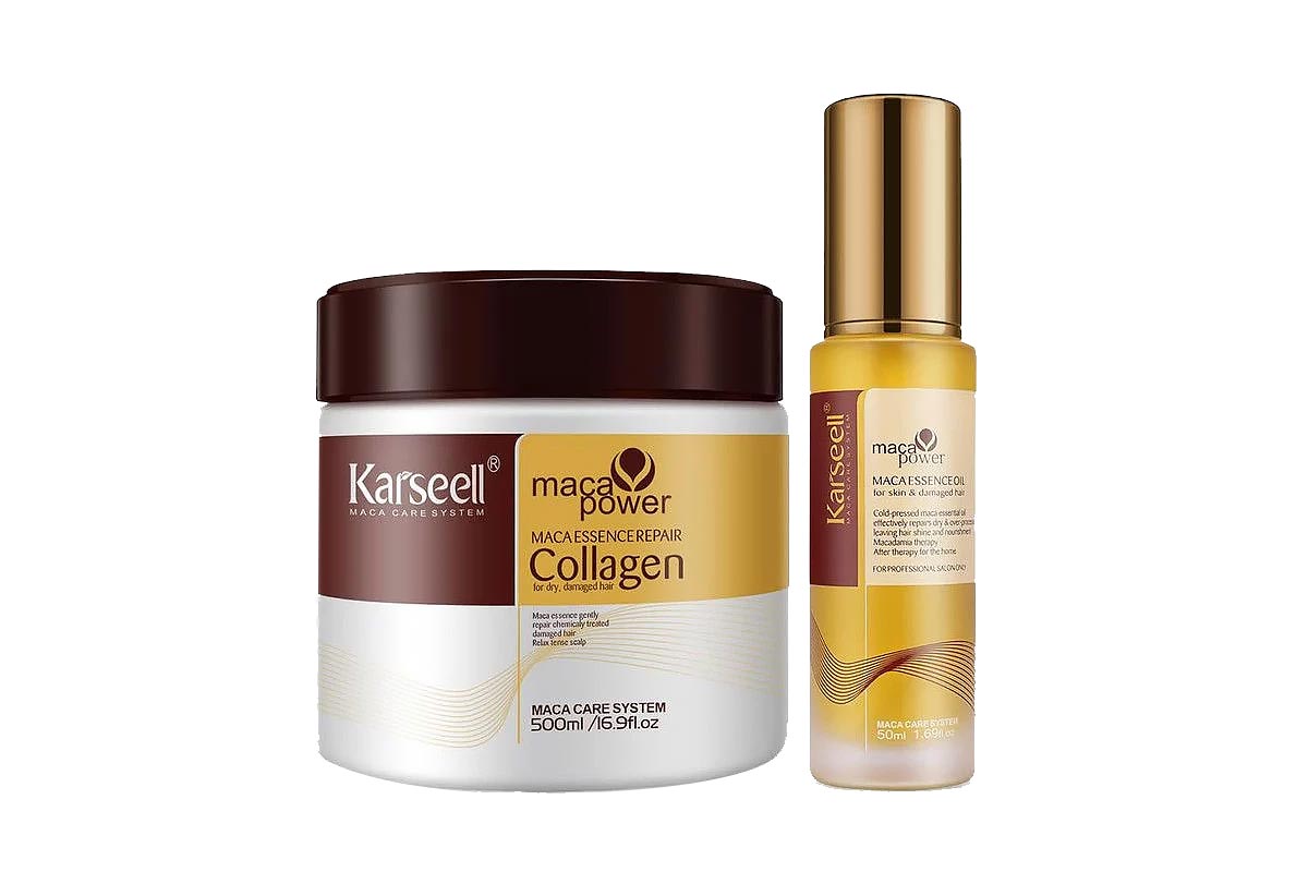 BOX BUY 1 GET 1 KARSEELL MACA REPAIR SET COLLAGEN HAIR MASK 500 ML PLUS ESSENCE OIL 50 ML - Life Care Apotek