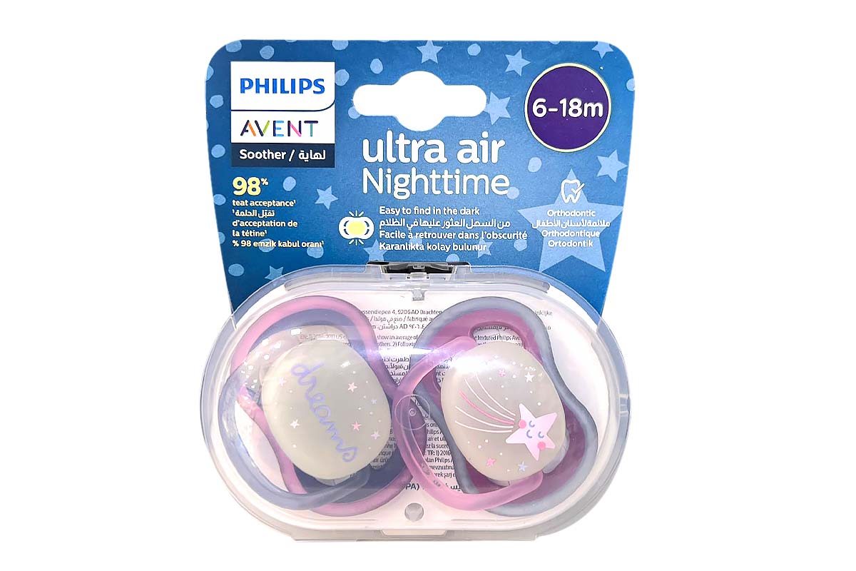 PHILIPS AVENT ULTRA AIR NIGHT TIME SOOTHER PURPLE 6 TO 18 MONTHS 2 PCS - Life Care Apotek