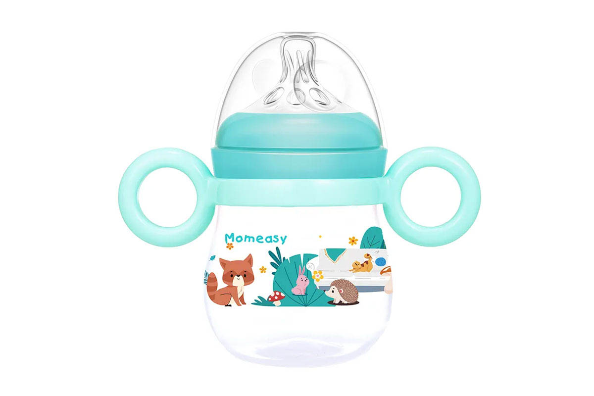 MOMEASY WIDE NECK FEEDING PLASTIC BOTTLE FROM 3 MONTHS COLOR BLUE GREEN 210 ML - Life Care Apotek