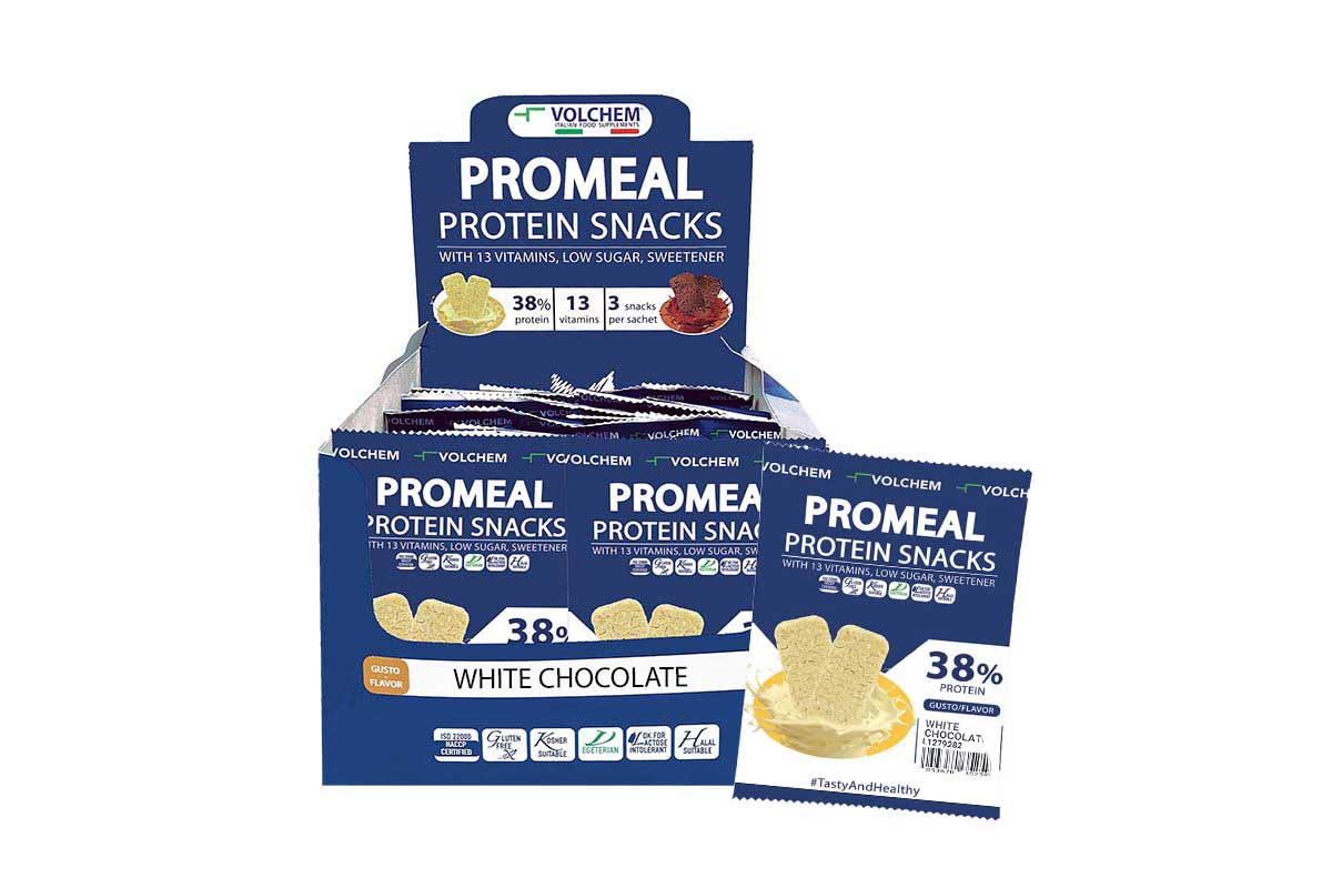 BOX VOLCHEM PROMEAL XL PROTEIN SNACKS WHITE CHOCOLATE 37.5 GM × 16 PIECE - Life Care Apotek