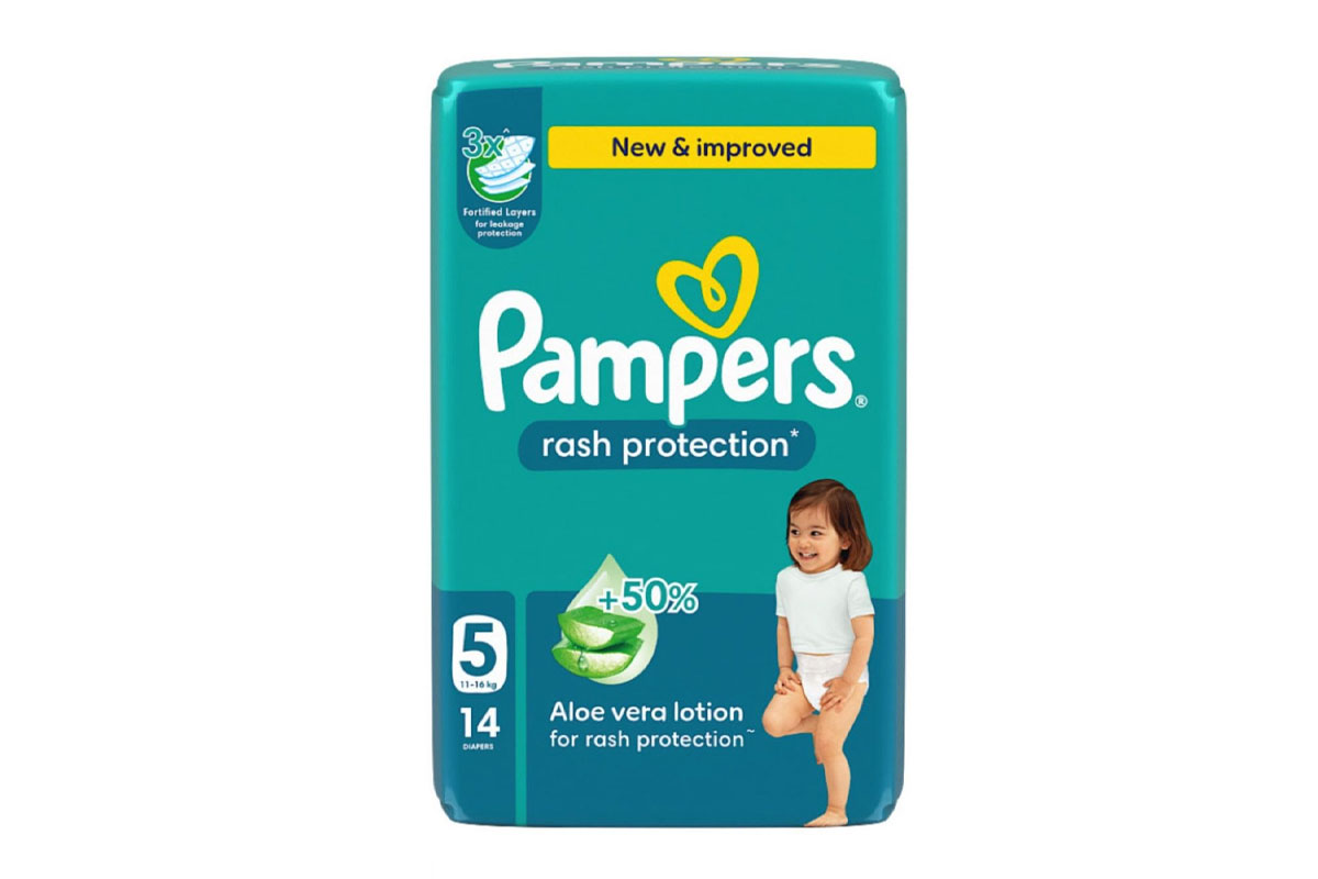 PAMPERS RASH PROTECTION DIAPERS WITH ALOE VERA LOTION - NO 5  FROM 11 TO 16 KG 14 DIAPERS - Life Care Apotek