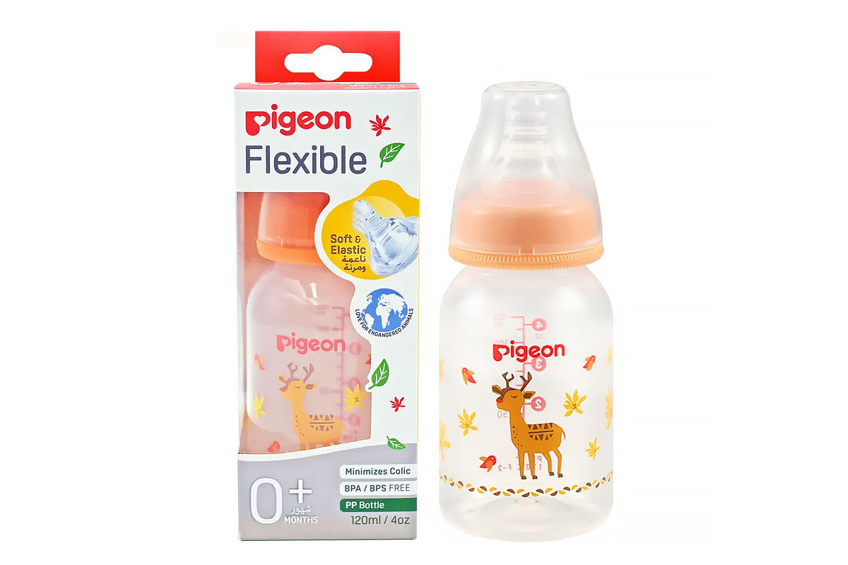 PIGEON FLEXIBLE PLASTIC BOTTLE SOFT AND ELASTIC 0 PLUS MONTH COLOR ORANGE 120 ML - Life Care Apotek