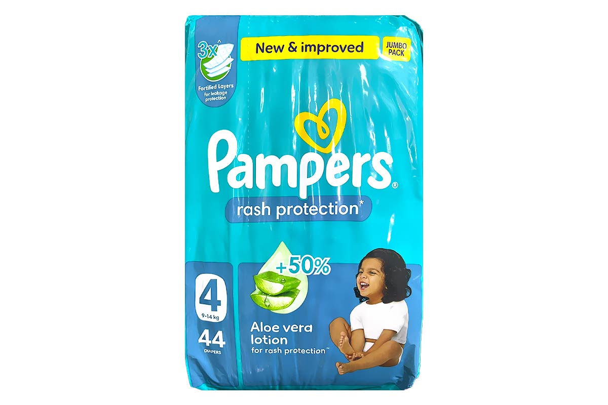 PAMPERS RASH PROTECTION DIAPERS WITH ALOE VERA LOTION - NO 4 FROM 9 TO 14 KG 44 DIAPERS - Life Care Apotek