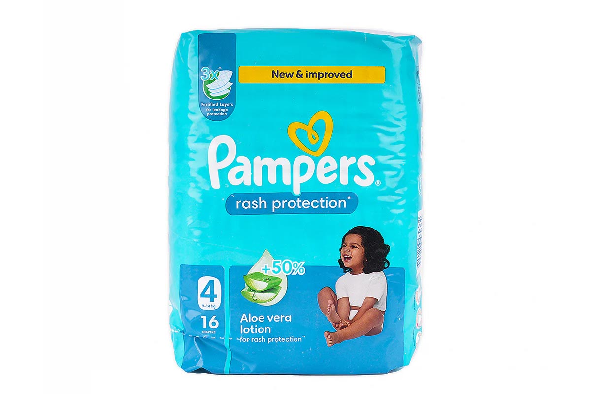 PAMPERS RASH PROTECTION DIAPERS WITH ALOE VERA LOTION - NO 4 FROM 9 TO 14 KG 16 DIAPERS - Life Care Apotek