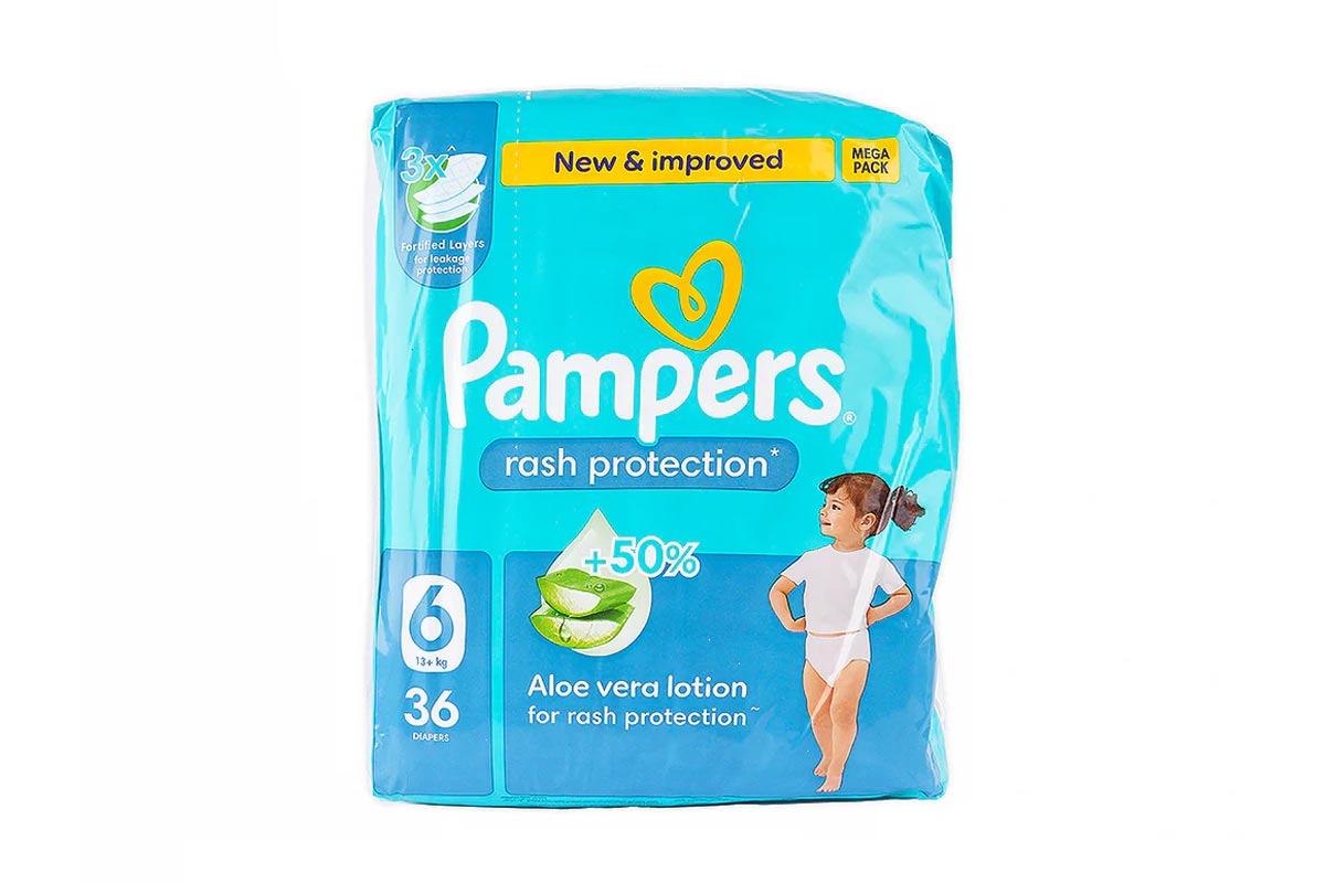 PAMPERS RASH PROTECTION DIAPERS WITH ALOE VERA LOTION - NO 6 FROM 13 PLUS KG 36 DIAPERS - Life Care Apotek