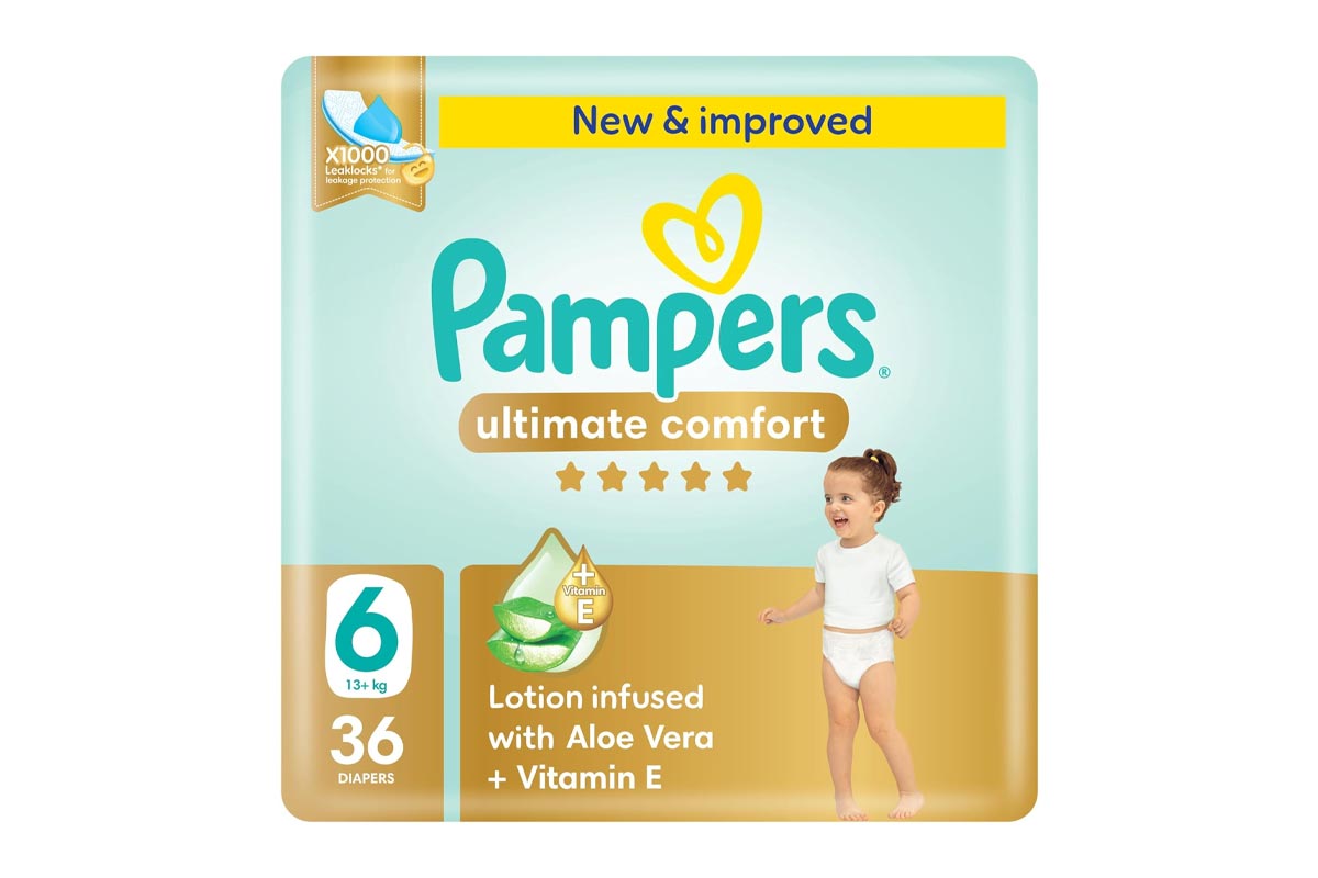 PAMPERS ULTIMATE COMFORT DIAPERS WITH ALOE VERA LOTION PLUS VITAMIN E - NO 6 FROM 13 PLUS KG 36 DIAPERS - Life Care Apotek