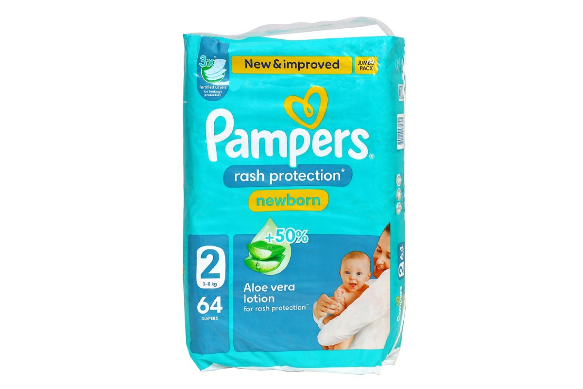 PAMPERS RASH PROTECTION NEWBORN DIAPERS WITH ALOE VERA LOTION - NO 2 FROM 3 TO 8 KG 64 DIAPERS - Life Care Apotek
