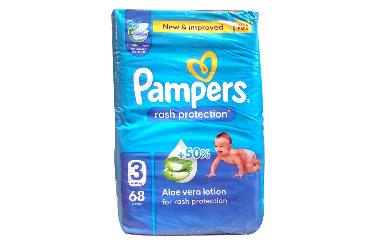 PAMPERS RASH PROTECTION DIAPERS WITH ALOE VERA LOTION - NO 3 FROM 6 TO 10 KG 68 DIAPERS - Life Care Apotek