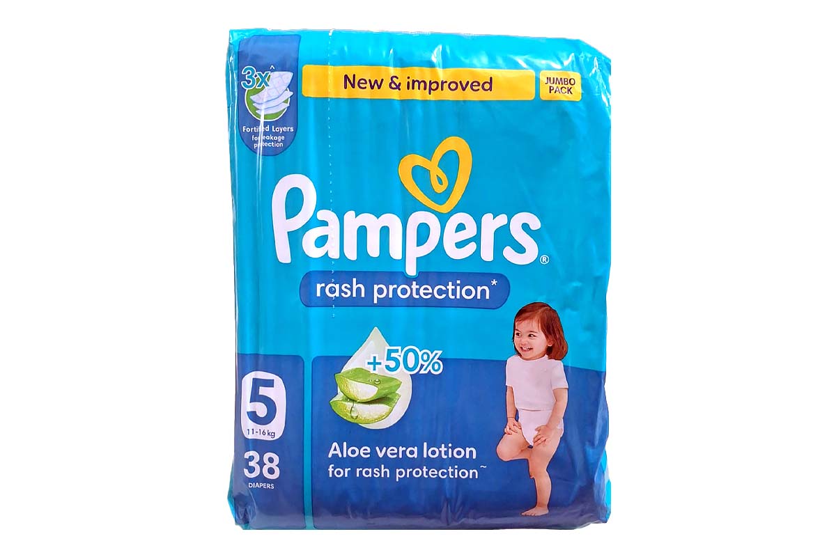 PAMPERS RASH PROTECTION DIAPERS WITH ALOE VERA LOTION - NO 5 FROM 11 TO 16 KG 38 DIAPERS - Life Care Apotek