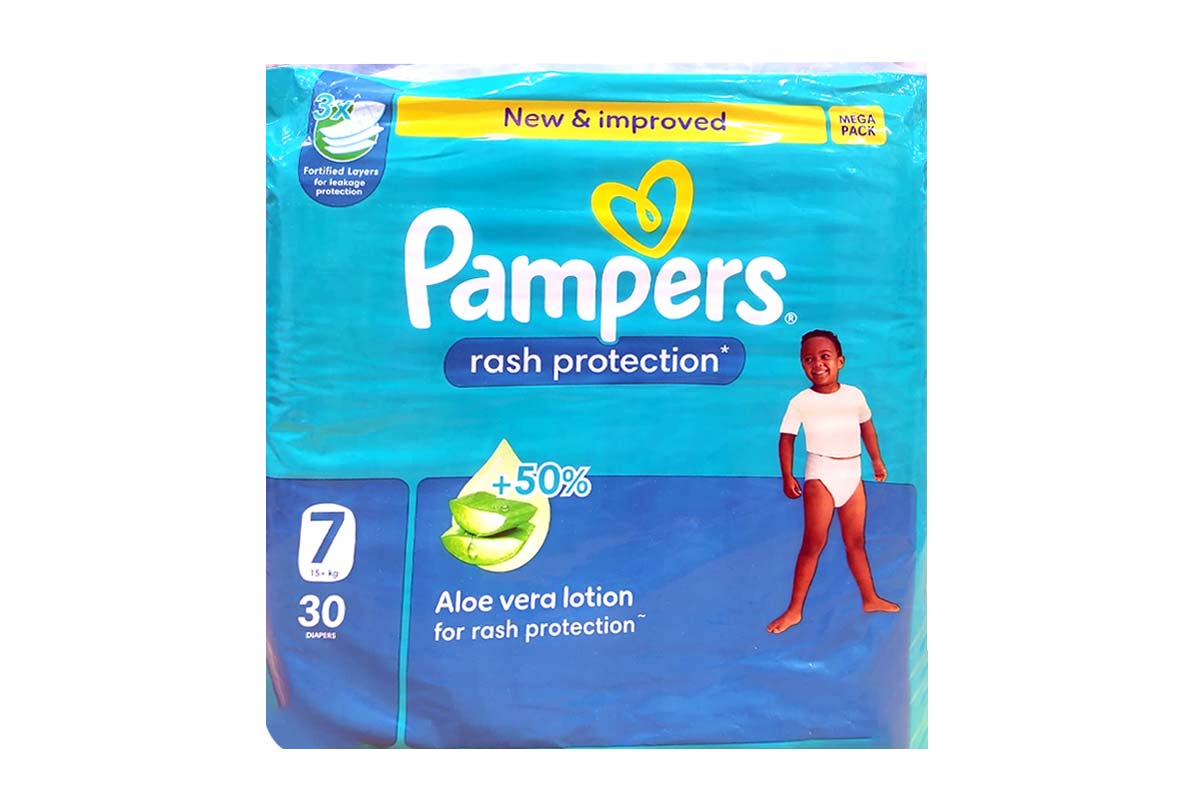 PAMPERS RASH PROTECTION DIAPERS WITH ALOE VERA LOTION - NO 7 FROM 15 PLUS KG 30 DIAPERS - Life Care Apotek