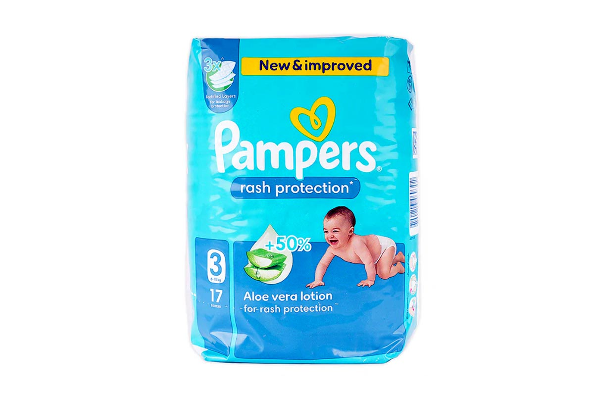 PAMPERS RASH PROTECTION DIAPERS WITH ALOE VERA LOTION - NO 3 FROM 6 TO 10 KG 17 DIAPERS - Life Care Apotek