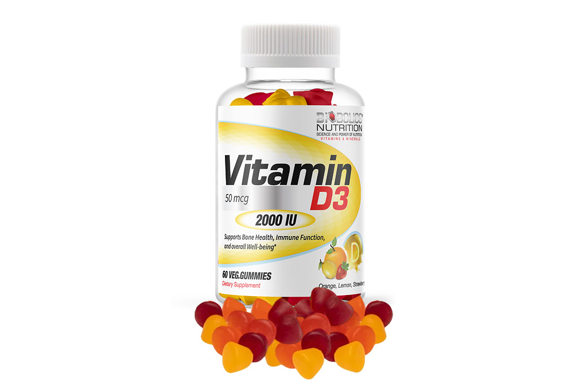 BIOBOLICS VITAMIN D3 50MCG 2000 IU ORANGE LEMON AND STRAWBERRY FLAVOUR 60 VEG GUMMIES - Life Care Apotek