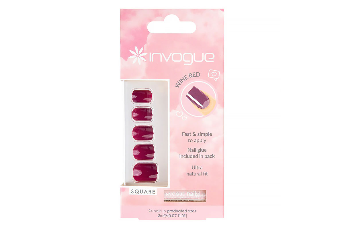 INVOGUE PRESS ON NAILS WINE RED SQUARE 24 NAILS WITH 2 ML GLUE - Life Care Apotek