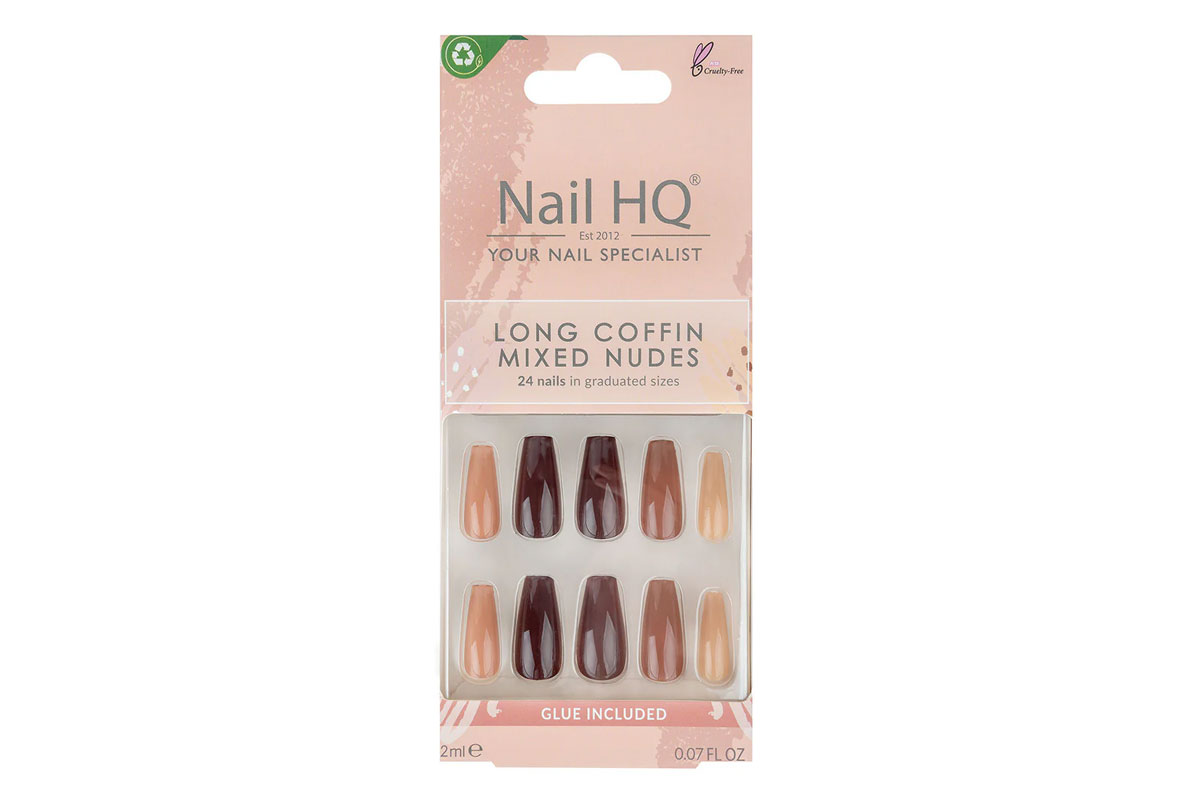 NAIL HQ PRESS ON NAILS LONG COFFIN MIXED NUDES 24 NAILS WITH 2 ML GLUE - Life Care Apotek